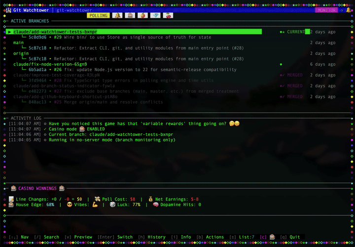 Slot machine animation — git-watchtower Casino Mode in action