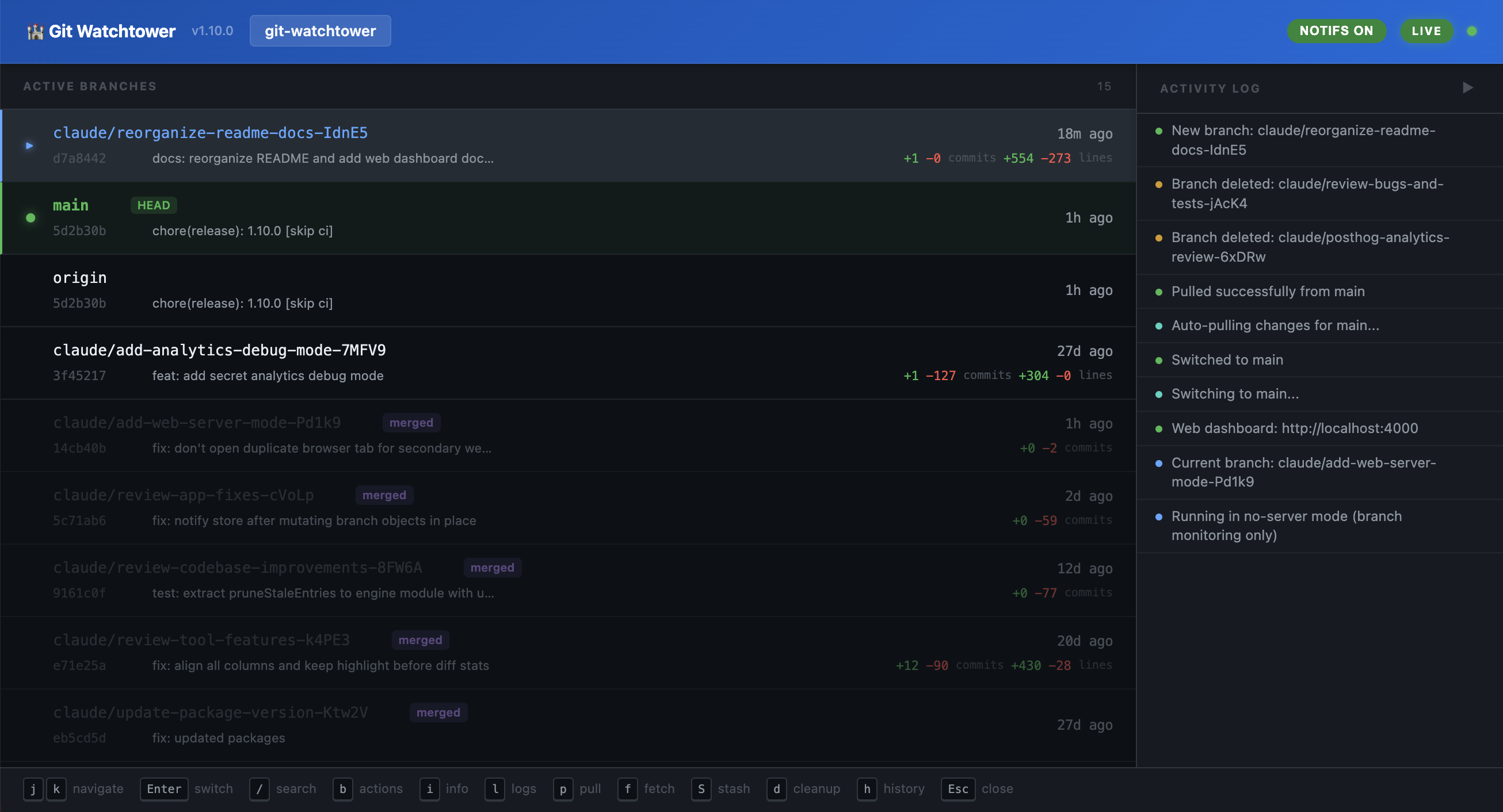 Git Watchtower web dashboard showing branch management and PR workflows